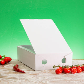 Weißer Calzone-Karton 27 x 17 x 7 cm ohne Logo, geöffnet