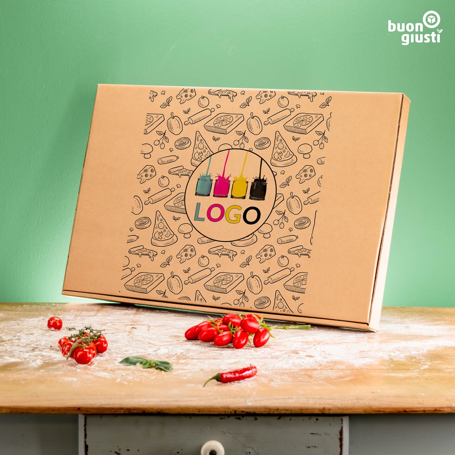 Partypizza Karton mit Logo