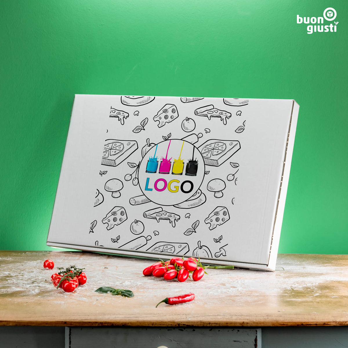 Boîte à pizza de fête avec logo