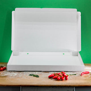 Weißer Pizzakarton 60 x 40 x 5 cm ohne Logo, geöffnet