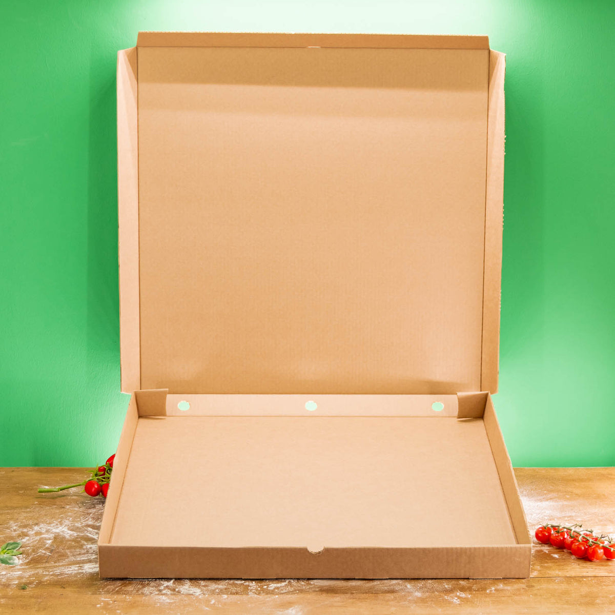 Brauner Partypizza-Karton 60 x 60 x 5 cm ohne Logo, geöffnet