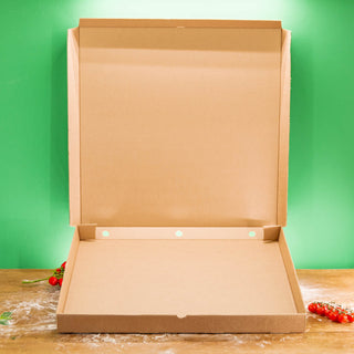 Brauner Partypizza-Karton 60 x 60 x 5 cm ohne Logo, geöffnet