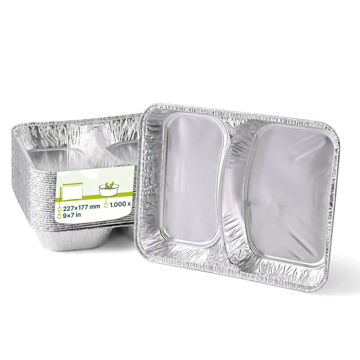 Barquettes-repas en aluminium avec couvercle, 23 x 18 x 3 cm, 2 compartiments, rectangulaires | 1 000 pièces