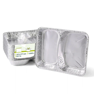 Vaschette menu in alluminio con coperchio 23 x 18 x 3 cm, 2 scomparti, rettangolari | 1.000 pz.