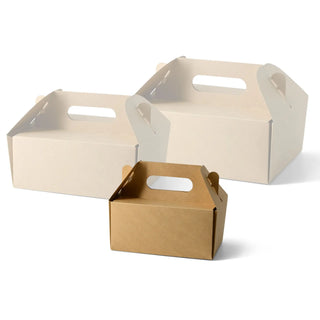 Caja para pasteles de cartón con asa, blanca y marrón, plegable - todos los tamaños