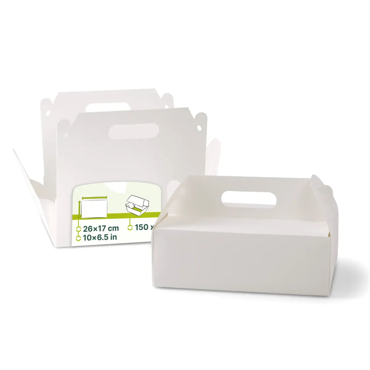 Caja para pasteles de cartón con asa, blanca y marrón, plegable - todos los tamaños