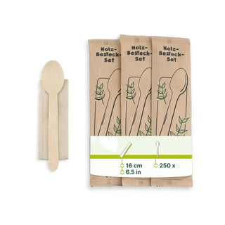 Bestecksets aus Holz mit Löffel und Serviette, 16 cm