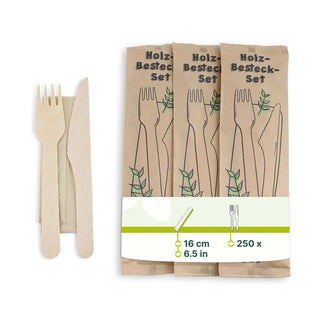 Bestecksets aus Holz mit Messer, Gabel und Serviette, 16 cm